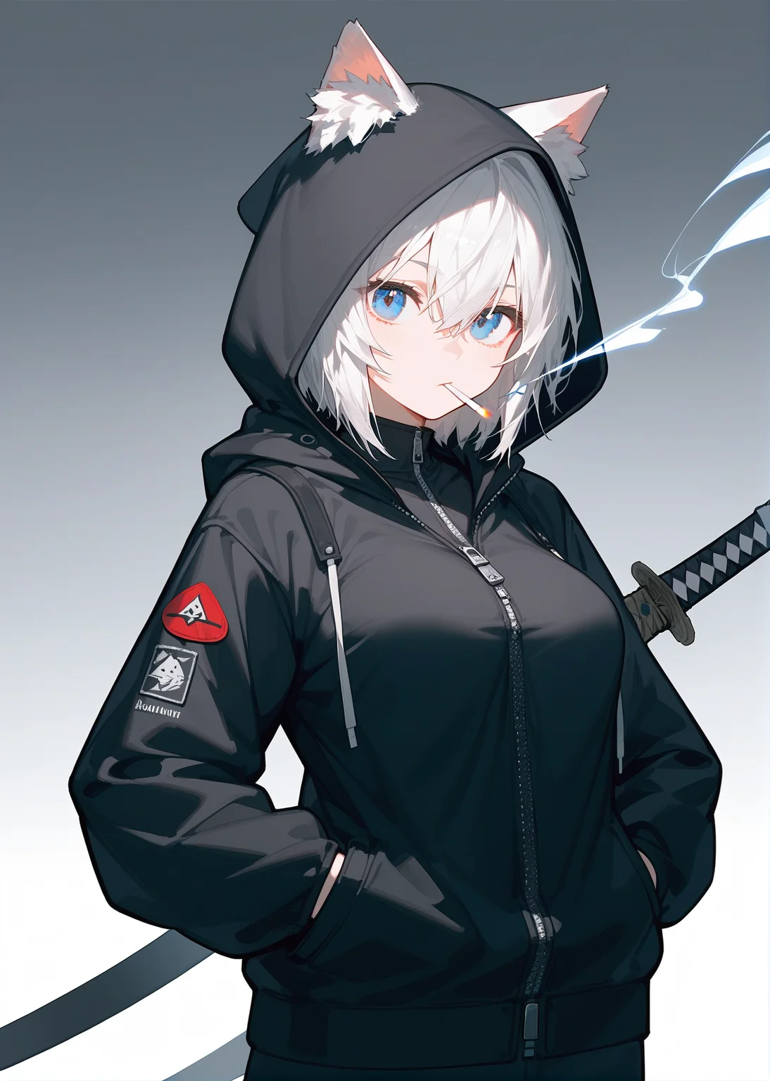 score_9,score_8_up,score_7_up,1girl, animal ears, blue eyes, solo, weapon, sword, hood, looking at viewer, breasts, white hair, short hair, animal ear fluff, weapon on back, jacket, hands in pockets, gradient background, hair between eyes, gradient, hood down, bangs, mouth hold, long sleeves, black jacket, sheathed, cigarette, katana, large breasts, cowboy shot, sheath, black hoodie, cat ears, hooded jacket, hoodie, zipper