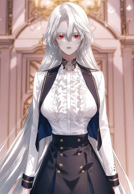 zPDXL3, score_9_up, score_8_up, score_7_up, (Anime_source),Masterpiece,(perfect female body:1.2), small waist,(incredibly detailed:1.4), slim, beautiful fingers, beautiful white skin, Beautiful clear skin, perky breasts, looking at viewer,raviel_ivansia, long hair, white hair, very long hair, 1girl, red eyes, eyelashes, <lora:Raviel_Ivansia_-_SSS-Class_Suicide_Hunter-PONY-Kaleid:1> (large breasts:1.5) (huge breasts:1.1) shirt, hair between eyes, skirt, jacket, expressionless,