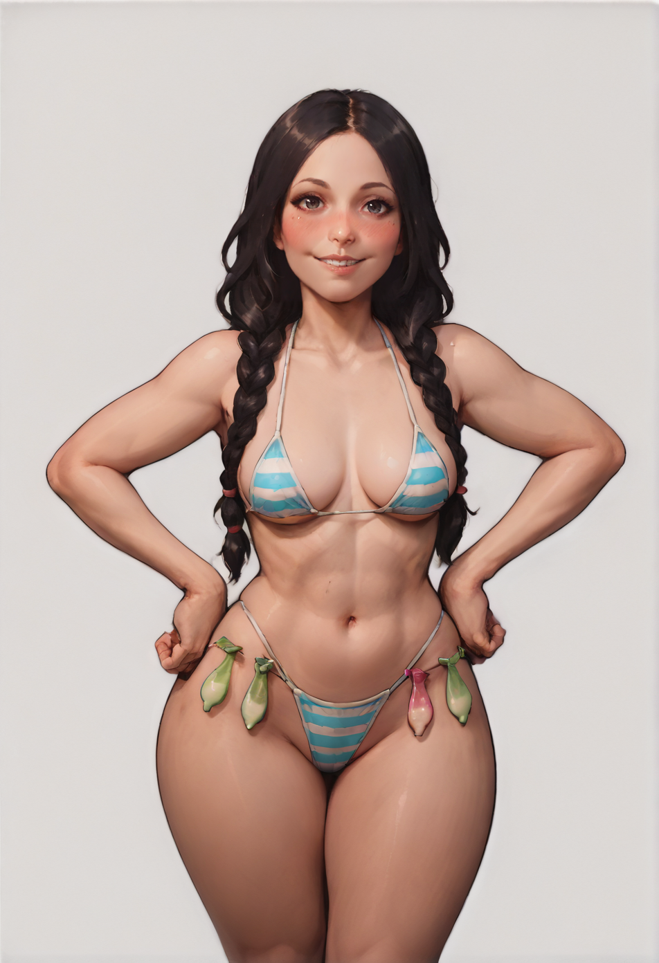 1 girl,  view from front, 
standing, hands on own hips, 
looking at the viewer, smile, blush,
braid, long hair, black hair,
medium breasts, narrow waists, wide hips,
striped bikini, string bikini, 
condom belt, 
white background, simple background,
 <lora:Concept_XL_Pony_Condom_Belt:1> <lora:4ng3l1c:00.7> 4ng3l1c, score_9, score_8_up, score_7_up, score_6_up, score_5_up, score_4_up,