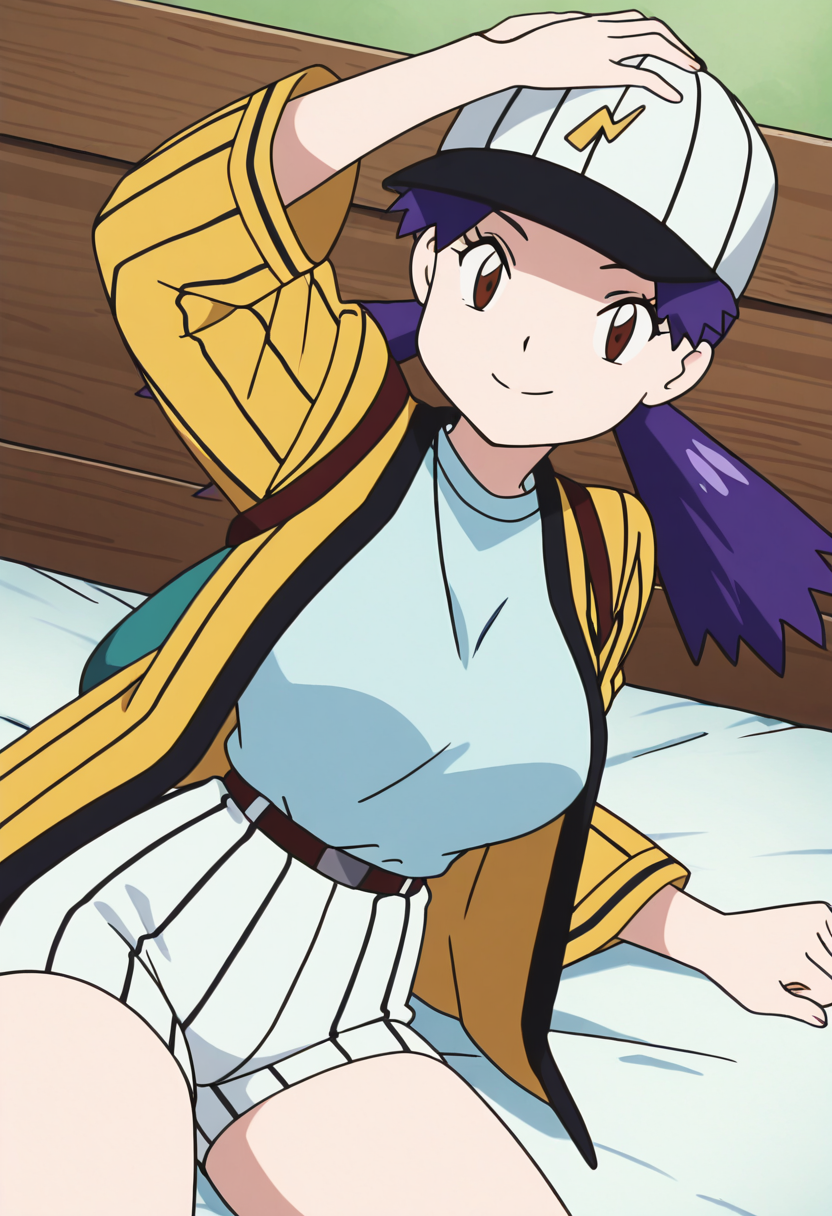 masterpiece, best quality, solo, curvy, beautiful eyes, aged up, large breasts, narrow waist, wide hips, 1girl, solo, smile, looking at viewer, zzCasey, brown eyes, blue hair, twintails,   baseball cap, yellow jacket, open jacket, stripes, wide sleeves, white shorts, striped shorts  <lora:CaseyBaseballBeauty_IXL:1.0>, laying on side, one arm supporting head, relaxed, looking at viewer,