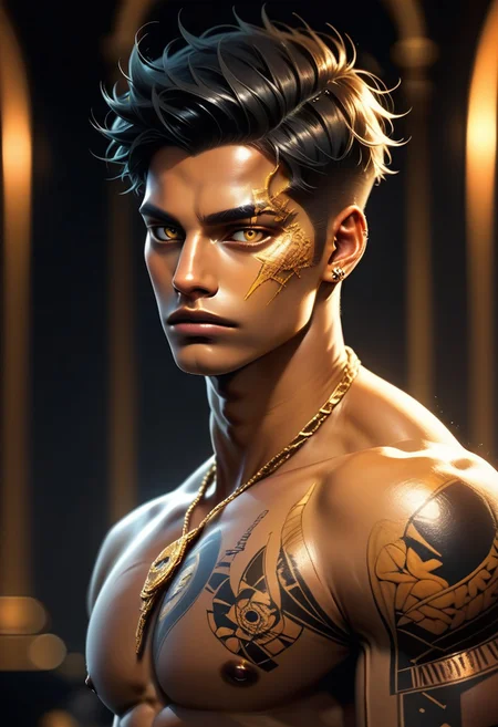 score_9, score_8_up, score_7_up, score_6_up, dskgold_filigree, 1boy, male focus, jewelry, solo, yellow eyes, earrings, looking at viewer, tattoo, nipples, upper body, pectorals, short hair, necklace, dark skin, dark-skinned male, bare pectorals, black hair, blurry, chest tattoo, blurry background, muscular, twitter username, muscular male, glowing, neck tattoo, abs, gold filigree, made of gold, cinematic lighting, natural lighting,