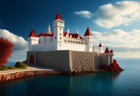 a (white stonework castle with red roofs) on a (rock spire) in a bay, (stone pier, Mole, Jetty), battlement, crenellations, Machicolations, rough sea, blue sky, clouds, sun beams, best quality, high Contrast, masterpiece, realistic, photo-realistic, amazing, finely detail, ultra-detailed, highres, extremely detailed, 8k wallpaper, wizz style