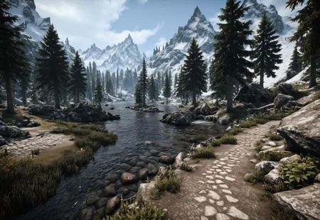 A beautiful skyrim landscape, realistic textures, RAW photo, 8k, uhd, dslr, high quality, realistic photograph, depth of field