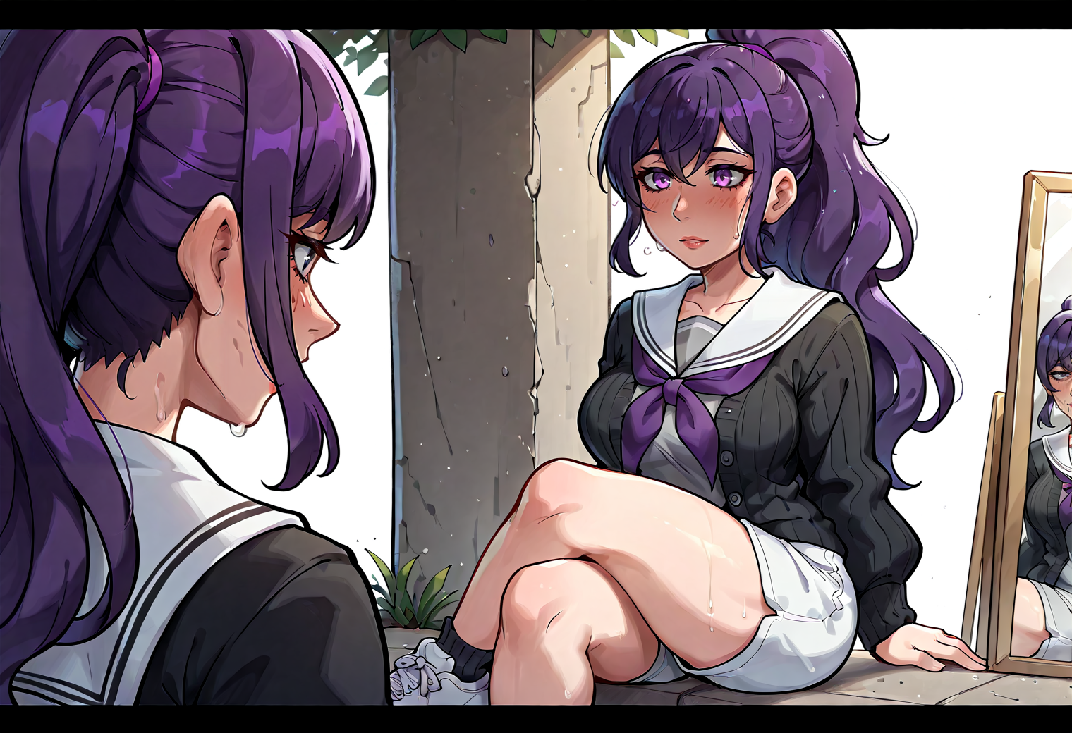 IllustriousQual, <lora:StS-Illustrious-Detail-Slider-v1.0:2> <lora:cfg_scale_boost:0.3> <lora:StS_Age_Slider_Illustrious_v1:3>,detailed_background,outdoors,karyln,white footwear,long sleeves,sneakers,white shorts,mirror,1girl,school uniform,shorts,twintails,ponytail,shirt,crossed bangs,black cardigan,knife,white shirt,neckerchief,highres,grey serafuku,long hair,white sneakers,purple eyes,asahina mafuyu,ribbed cardigan,looking at mirror,very long hair,closed mouth,white sailor collar,sitting