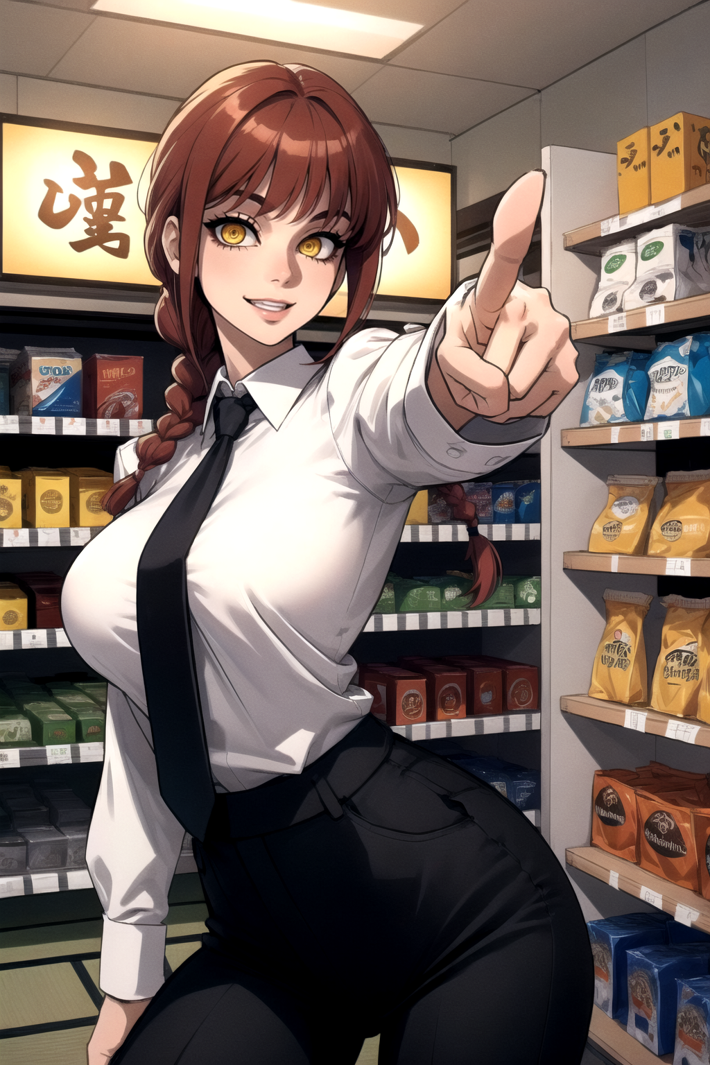1girl, (solo:1.2), (masterpiece:1.2), (best quality:1.2), (perfect anatomy:1.4), (pointing at viewer:1.5)
(perfect anatomy:1.4), (muted colors:1.4), (film grain:1.3), <lora:Ogami [MockAi - v1.0]:0.8> ogami, (large breasts:1.4), (curvy:1.2), (skindentation:1.1)
(cowboy shot:1.5), (dynamic pose:1.5), (looking at viewer:1.5), (expressive face:1.5), (all around happy:1.5), (japanese convenience store:1.4), (inside:1.3), modern, (konbini), shelves, groceries, <lora:Makima [nochekaiser881 - v1.0]:0.8> makima, long hair, smile, bangs, (yellow eyes:1.2), braid, red hair, braided ponytail, ringed eyes, shirt, long sleeves, white shirt, necktie, collared shirt, pants, black pants, formal, suit, black necktie, shirt tucked in, office lady