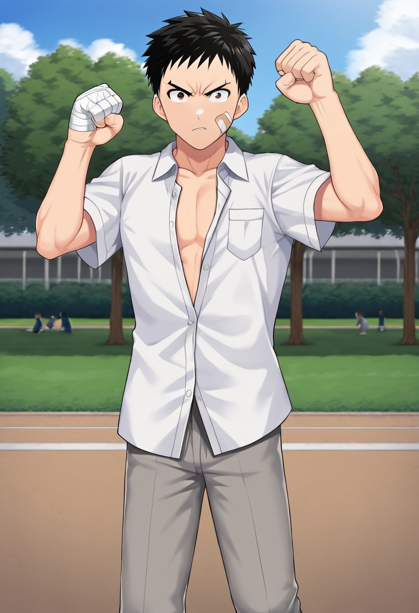 harmard, black hair, short hair, brown eyes, 1boy, solo, solo focus, wear white shirt, unbuttoned shirt, chest pocket, black t-shirt, grey pants, plaster on cheek, bandage on hands, at park, outdoor, fight pose, furious expression