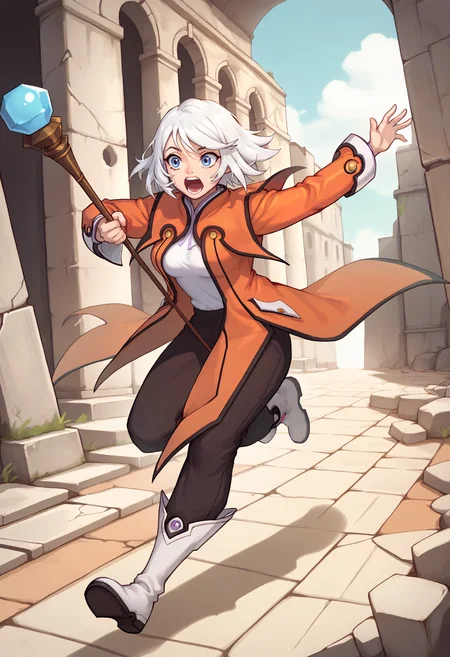 score_9, score_7_up, 1girl, full body, running, open mouth, excited, holding staff, <lora:RaineToS-pdxl:1> defRne, white hair, short hair, blue eyes, orange coat, medium breasts, white shirt, long sleeves, black pants, boots, white footwear, ruins