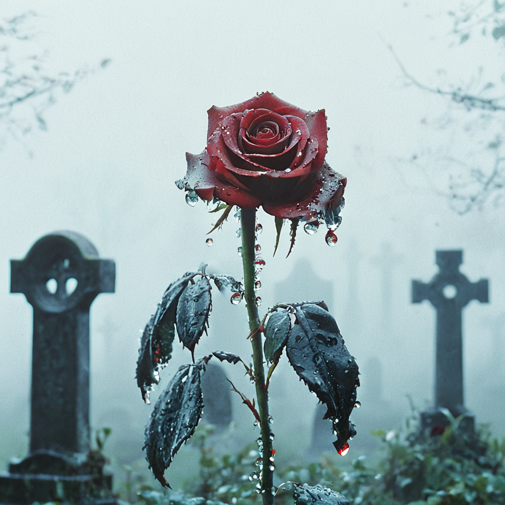 ArsMovieStill, movie still from a 1970s horror movie, The image is a close-up of a single red rose with water droplets on it. The rose is in the center of the image with its stem and leaves visible. The background is a foggy graveyard with many tombstones and trees. The sky is overcast and the overall mood is somber and melancholic. The image has a dark and moody tone with the red rose standing out against the foggy background., flower, red flower, rose, no humans, red rose, weapon, blurry, blurry background, sword, holding <lora:70sHorrorMovie2SDXL:1>