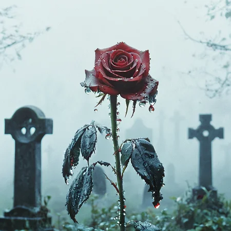 ArsMovieStill, movie still from a 1970s horror movie, The image is a close-up of a single red rose with water droplets on it. The rose is in the center of the image with its stem and leaves visible. The background is a foggy graveyard with many tombstones and trees. The sky is overcast and the overall mood is somber and melancholic. The image has a dark and moody tone with the red rose standing out against the foggy background., flower, red flower, rose, no humans, red rose, weapon, blurry, blurry background, sword, holding <lora:70sHorrorMovie2SDXL:1>