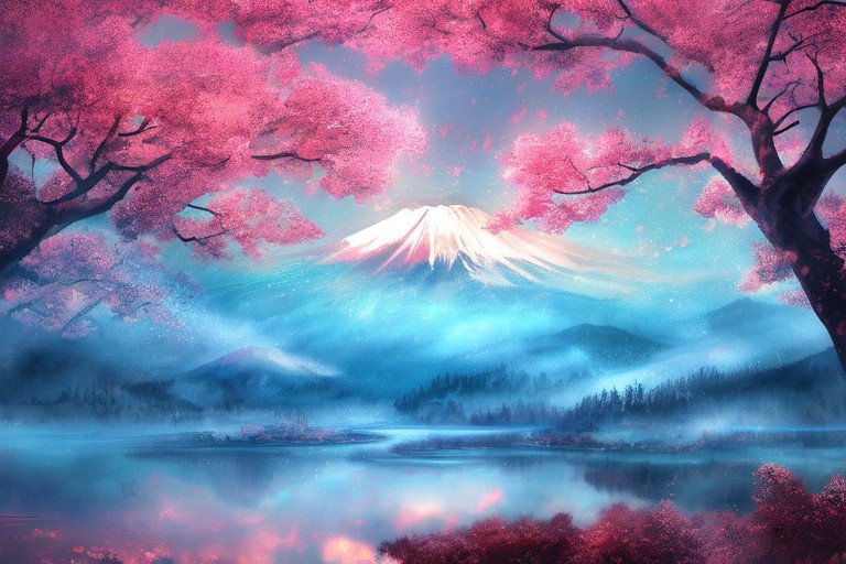 Mh1$AgThS2, intricate linework with expressive contrasts, soft lighting with dynamic highlights, a tranquil large lake in the uplands, sakura trees, blossom, mist, dawn, reflection, with mount fuji in the distance, no humans, In the style of ff-td, FanLan