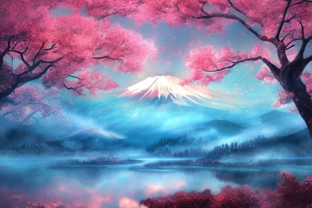 Mh1$AgThS2, intricate linework with expressive contrasts, soft lighting with dynamic highlights, a tranquil large lake in the uplands, sakura trees, blossom, mist, dawn, reflection, with mount fuji in the distance, no humans, In the style of ff-td, FanLan