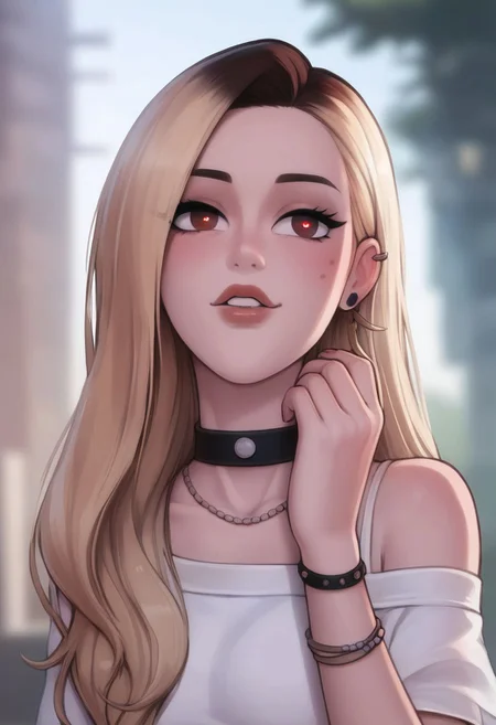score_9, score_8_up, score_7_up, score_6_up, PRSNL_3_1, uncensored, pupils black dots, lips,
upper body, 
Marin Kitagawa, 1girl, blonde hair, long hair, multicolored hair, red eyes | pink nails, nail polish, fingernails, jewelry, earrings, ear piercing, necklace, choker, barbell piercing, bracelet