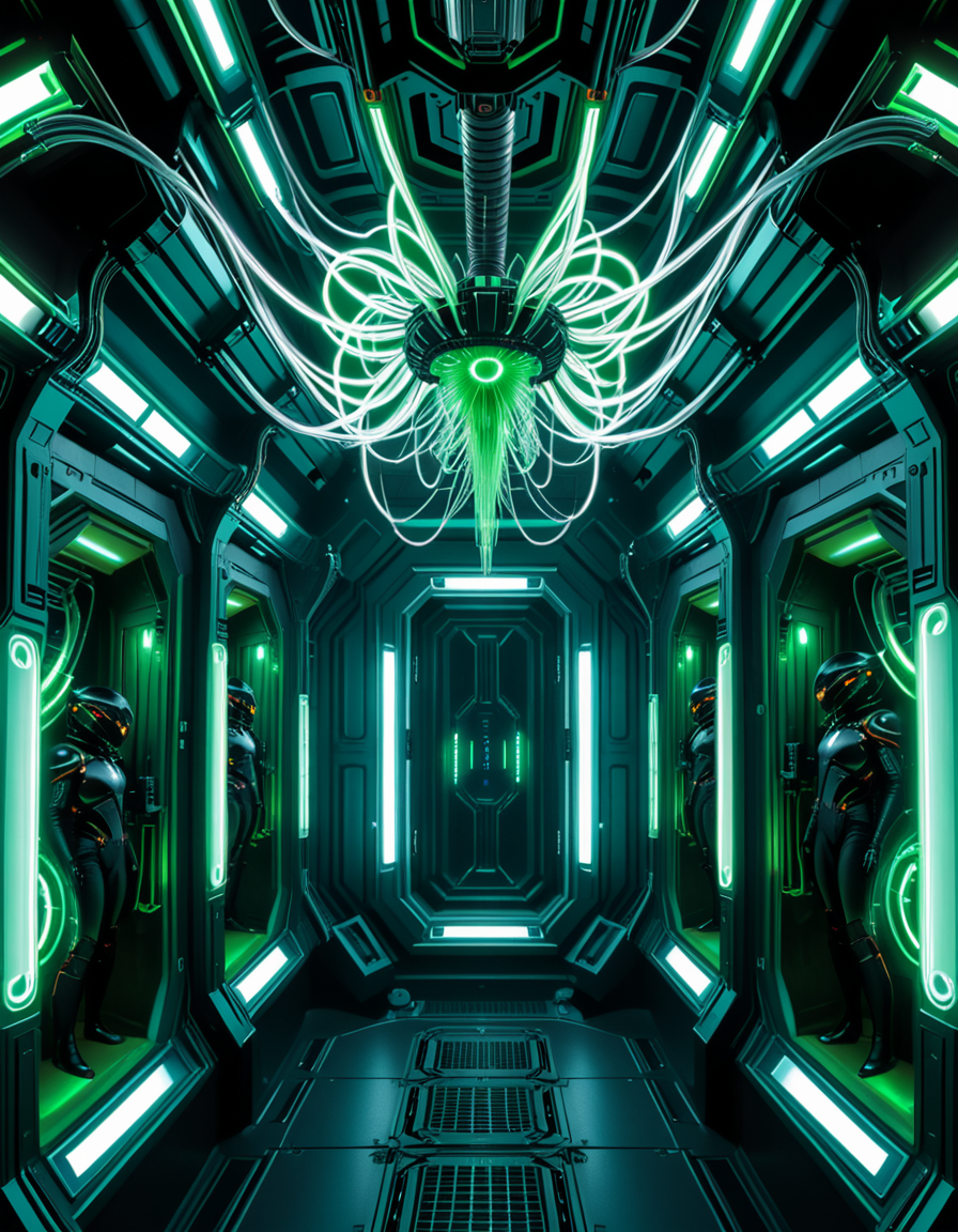 A dark, oppressive regeneration chamber deep within a Borg vessel â a biomechanical environment where drones return to recharge and interface with the collective. The chamber is dimly lit with pulsating green and white lights that flicker through dense shadows. The walls are lined with vertical alcoves, each containing a Borg drone standing motionless, plugged into the system via biomechanical tendrils, tubes, and neural interfaces embedded into their bodies.
The surfaces of the room are a fusion of metallic plating, organic texture, and cybernetic growths â as if the ship itself is alive, constantly shifting and adapting. Steam hisses softly from vents near the floor, and faint mechanical whirring echoes through the chamber. Fiber optic cables pulse with data transmissions, running across the ceiling like glowing veins. 
Above, a central neural conduit hangs like a mechanical spine from the ceiling, branching out and connecting to each alcove, feeding the collective hive mind with real-time information. The atmosphere is cold, sterile, and unnervingly silent â a place devoid of individuality, where only the will of the collective exists. There is no comfort here, only efficiency, order, and total control. 
<lora:SDXLFaeTastic2400:0.4> <lora:extremely_detailed:0.4> extremely detailed,<lora:borg_recharge_ch4mb3r:1>,borg recharge ch4mb3r, Masterpiece,best quality,hi res,8k,hi res,8k,award winning,(sharp focus, intricate, highly detailed),