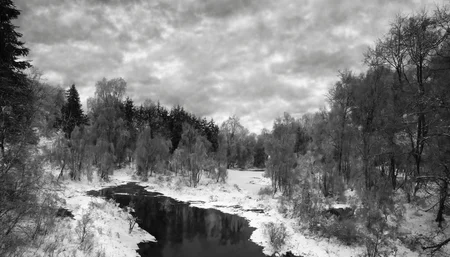 <lora:1:0.5>,Winter forest, no humans, scenery, monochrome, outdoors, greyscale, sky, nature, day, traditional media