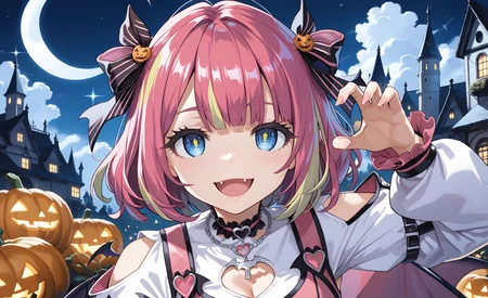 score_max, (score_9, score_8_up, score_7_up:1.2), score_6_up, official art, source_anime,
, masterpiece, absurdres, high detail, 8k,
night, halloween, crescent moon, bat, ghost, sparkle, shadow castle, pumpkin, candy cane, upper body,
claw pose, evil smile, open mouth, fang,
avarin, multicolored hair, ykclothes, hair bow, heart choker, necklace, white shirt, cleavage cutout, puffy long sleeves, shoulder cutout, pink skirt, layered skirt,
<lora:XL_Pony_MGCM-avaritia-t2:1>