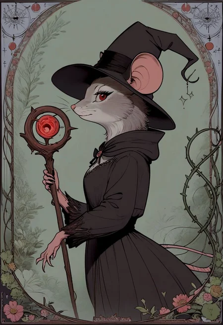 score_9, score_8_up, score_8, (solo), (fluffy:0.8), (feral), furry, (((mouse))), female, glowing red eyes, grey fur, (black ears:1.2), claws, (fluffy cheeks:0.4), black dress, witch hat), cute, in the style of beatrix potter, flat color, (side view, upper body shot:2), look at viewer, cruel expression, (holding magic staff), (art nouveau:1.5), thorns, vines