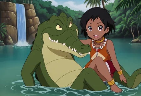 Tick tock crocodile,male animal focus,tail, crocodile , crocodile mouth open,smile ,green skin, blue eyes, Tick Tock the crocodile is giant and very huge size,teeth, crocodile swimming and submerged in the water,Tick Tock the crocodile looking Choi_mochimazzi,Choi_mochimazzi an anime girl, 1girl, looking at viewer, smile, short hair, Choi_mochimazzi sitting down on the crocodile belly,Choi_mochimazzi IS her very little size. Base - choim, short hair, black hair, red eyes, dark-skinned female,purple eyes, Base Outfit - dress, jewelry, dark skin, necklace, bracelet, wristband, neck ring, anklet, barefoot,river,palm trees, jungle, tropical _island,village, temple,Disney, waterfall,retro_anime, manga,tamako_market