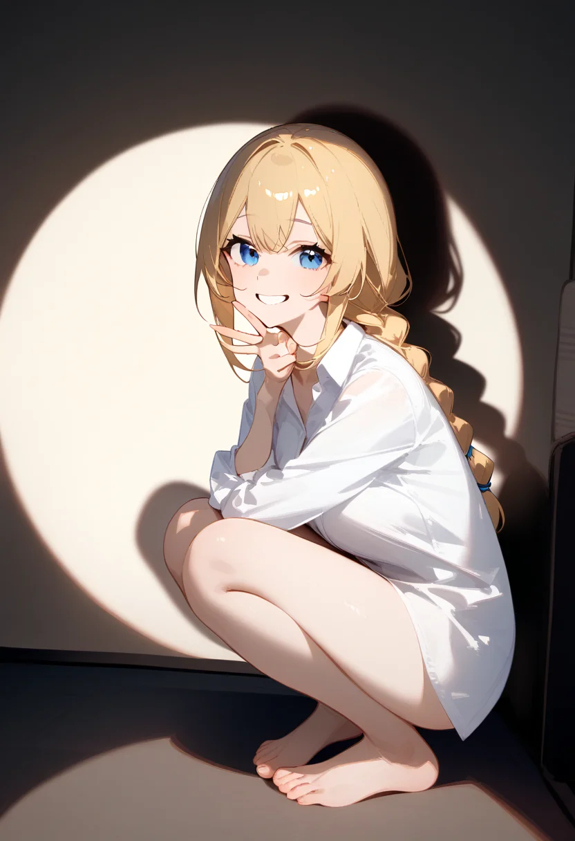 <lora:a31_style_koni:1>, indoors, loaded interior, 1girl, solo, long hair, single braid, blonde hair, blue eyes, tareme, smile, grin, collarbone, white shirt, collared shirt, squatting, leaning forward, legs together, barefoot, head tilt, v over mouth, from side, <lora:spotlight_sdxl:1>, spotlight, shadow, masterpiece, best quality, very aesthetic, absurdres