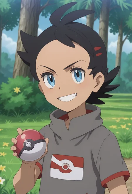 score_9, score_8_up, score_7_up, source_anime, highly detailed, 1boy, solo, male_focus
goh_poke, blue eyes, smile, closed mouth, tree, shirt, short sleeves, black hair, grey shirt, eyelashes, full body,
outdoor, grass, flowers, hold, holding poke ball, grin,