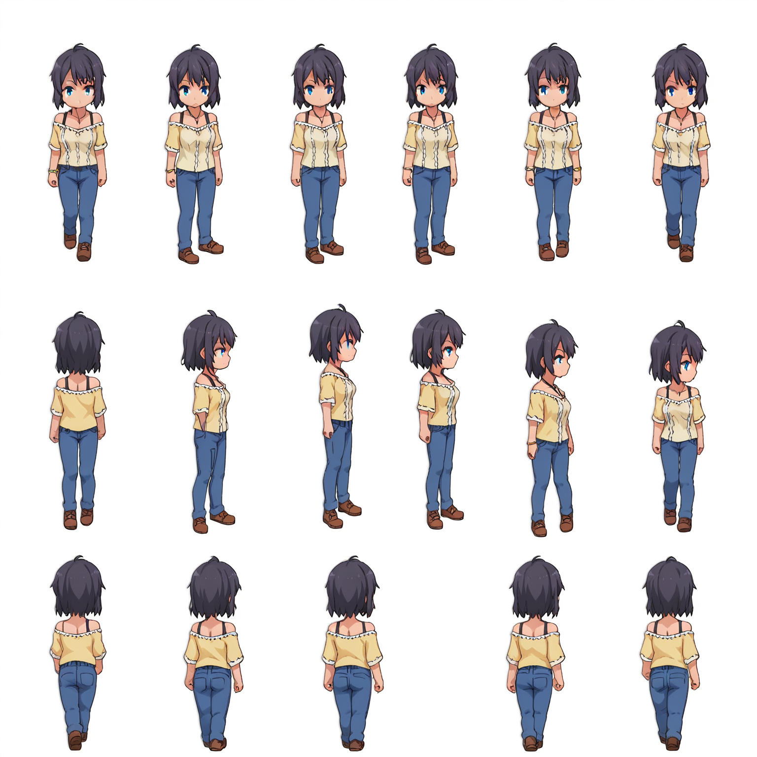score_9, score_8_up, score_7_up, source_anime,
BREAK
 <lora:shiSpriteTestPart30:1.0>, sprite sheet, chibi, multiple views, how to, standing, ass, 
simple background, white background,
1girl, solo, 
<lora:shiYukSisV1:0.9> harudef, short hair, black hair, blue eyes, yellow shirt, cleavage, jewelry, necklace, bracelet, blue pants, off shoulder,