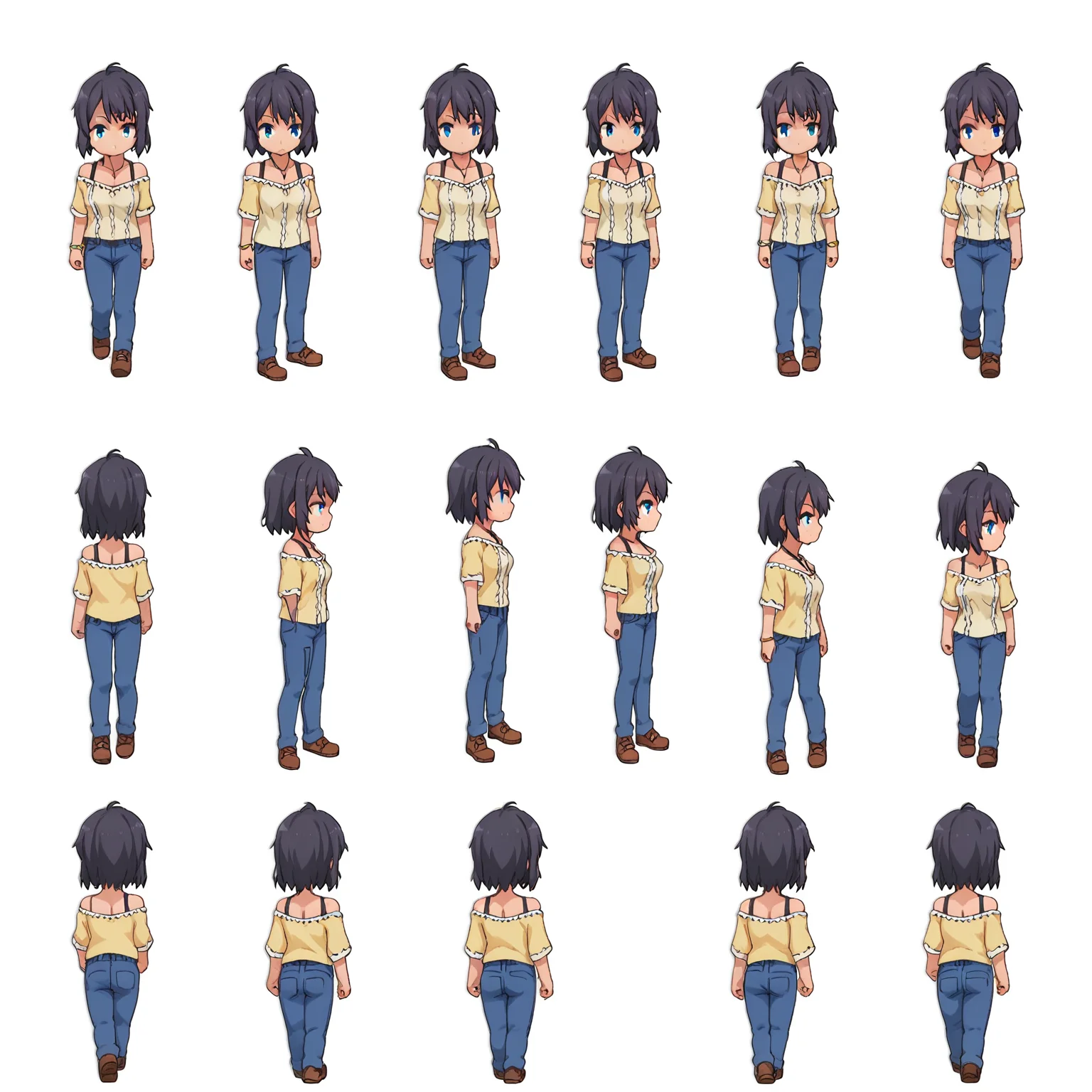 score_9, score_8_up, score_7_up, source_anime,
BREAK
 <lora:shiSpriteTestPart30:1.0>, sprite sheet, chibi, multiple views, how to, standing, ass, 
simple background, white background,
1girl, solo, 
<lora:shiYukSisV1:0.9> harudef, short hair, black hair, blue eyes, yellow shirt, cleavage, jewelry, necklace, bracelet, blue pants, off shoulder,