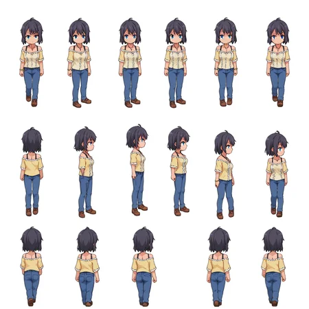 score_9, score_8_up, score_7_up, source_anime,
BREAK
<lora:shiSpriteTestPart30:1.0>, sprite sheet, chibi, multiple views, how to, standing, ass,
simple background, white background,
1girl, solo,
<lora:shiYukSisV1:0.9> harudef, short hair, black hair, blue eyes, yellow shirt, cleavage, jewelry, necklace, bracelet, blue pants, off shoulder,