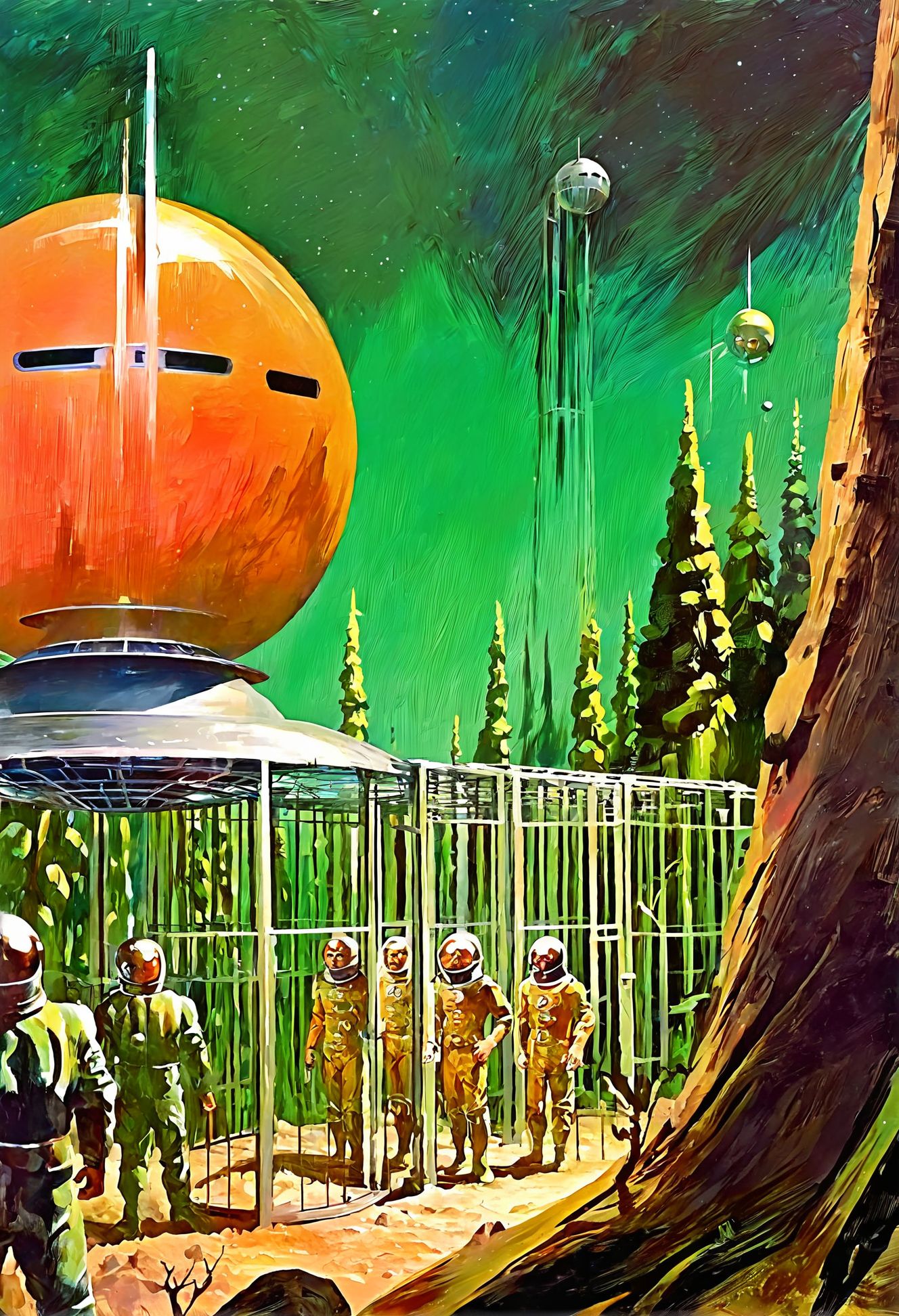 rough oil painting, photoshop oil paint brushes BREAK old pulp scifi poster, retro futuristic humans in a cage, in a Martian Forest (Terraformed)<lora:EnvyPulpScifiXL:1:1:lbw=ALL><lora:EnvyRoughOilXL02:1>