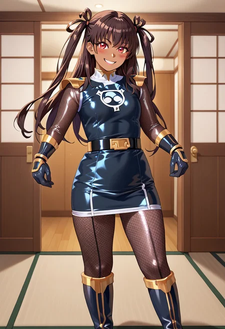 score_9, score_8_up, score_7_up, BREAK,
1girl, solo, defYuki, tan, dark-skinned female, brown hair, red eyes, two side up, long hair, sentaikageblue, shiny clothes, spandex, silver bodysuit, fishnet bodysuit, bodysuit under clothes, black dress, shoulder pads, black belt, black gloves, boots, boots, blush, small smile, looking at viewer, indoors, tatami, sliding door, room, night,
