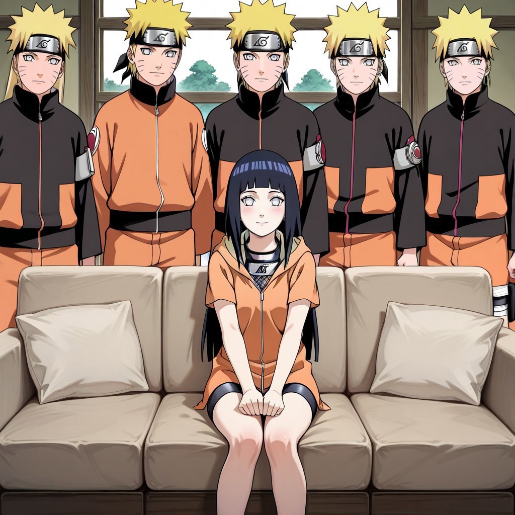 masterpiece, best quality, newest, absurdres, highres, anime, anime style, PiperPerriMemeIL-V1.0, BREAK 1girl, sitting, sitting on couch hinata_hyuuga, hinata/(naruto/), long hair, white eyes, black hair, BREAK multiple boys, standing, naruto/(naruto/), blonde hair, spiky hair, orange shirt,