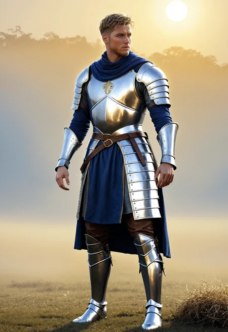 <lora:patrick_henning_sdxl_v1:0.8> male focus, full body, patrickhenning as a knight-in-training with styled hair, standing on the edge of a misty training field at dawn, wearing lightweight silver and leather armor over a deep blue tunic, sunlight catching his face, semi-realistic fantasy style, photorealistic lighting, soft fog in the background, golden hour lighting, fantasy realism, detailed environment, photorealistic style, cinematic fantasy lighting, highly detailed, artistic fantasy style, extremely high quality image, HDR, fantasy, photo Centered in Perfect Composition, Complex Details Showing Unique and Enchanting Elements, Very Detailed Digital Painting, Golden Ratio, Dramatic Lighting, Very Realistic,