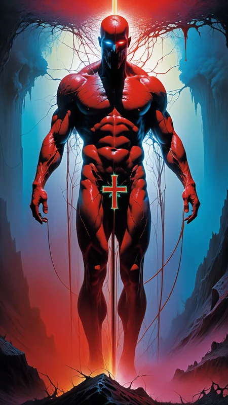 fighting game style masterpiece,best quality, ultra realistic,32k,RAW photo,detail skin, 8k uhd, dslr,high quality, film grain,\nShort and messy hair . dynamic, vibrant, action-packed, detailed character design, reminiscent of fighting video games, black bloody veins growing and intertwining out of the darkness, oozing thick neon rainbow blood, veins growing and pumping blood, vascular networks growing, connecting, explanding, red veins everywhere, zdzislaw beksinski, (vibrant colors:1.1), (Repetition:1.1), (Cross-hatching:1.1), (Infrared:1.2), Rust, Hypercube, ultra detailed, intricate, oil on canvas, ((dry brush, ultra sharp)), (surrealism:1.1), (disturbing:1.1), beksinski style painting, sparks, lensflare, rim lighting, backlighting, RTX, Post Processing, satanic cross, man body, muscular, venom costume