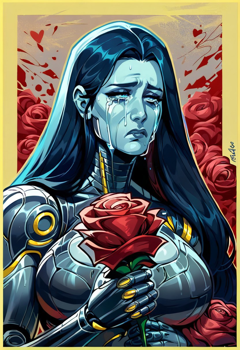 score_9, score_8_up, score_7_up, high quality, black and white with bright blue eyes red hair, grayscale image,  1 women,  ((cyborg clothing)), (holding red roses,:1.4)  sad, geometric broken heart background,  cyborg women, large breasts,  long hair,   crying,  portrait view,  sad, disappointed,   , aesthetic, (Yellow border around image,:1.3)