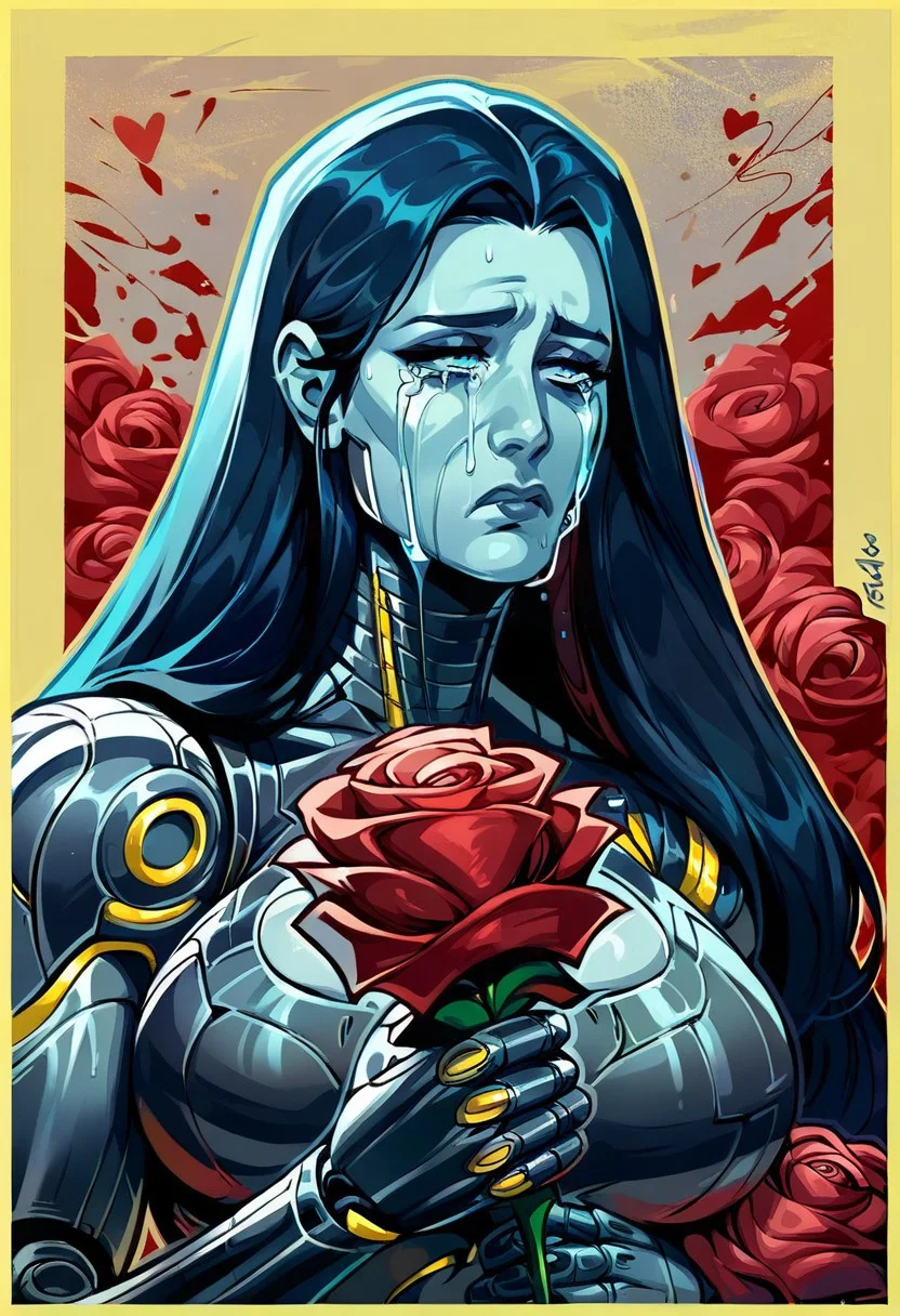 score_9, score_8_up, score_7_up, high quality, black and white with bright blue eyes red hair, grayscale image, 1 women, ((cyborg clothing)), (holding red roses,:1.4) sad, geometric broken heart background, cyborg women, large breasts, long hair, crying, portrait view, sad, disappointed, , aesthetic, (Yellow border around image,:1.3)