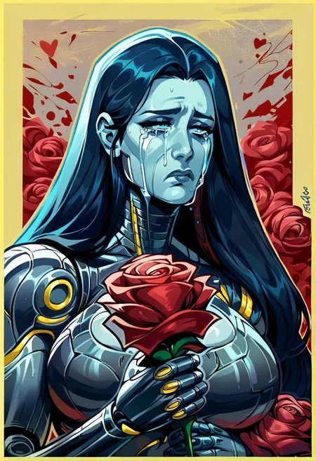 score_9, score_8_up, score_7_up, high quality, black and white with bright blue eyes red hair, grayscale image, 1 women, ((cyborg clothing)), (holding red roses,:1.4) sad, geometric broken heart background, cyborg women, large breasts, long hair, crying, portrait view, sad, disappointed, , aesthetic, (Yellow border around image,:1.3)