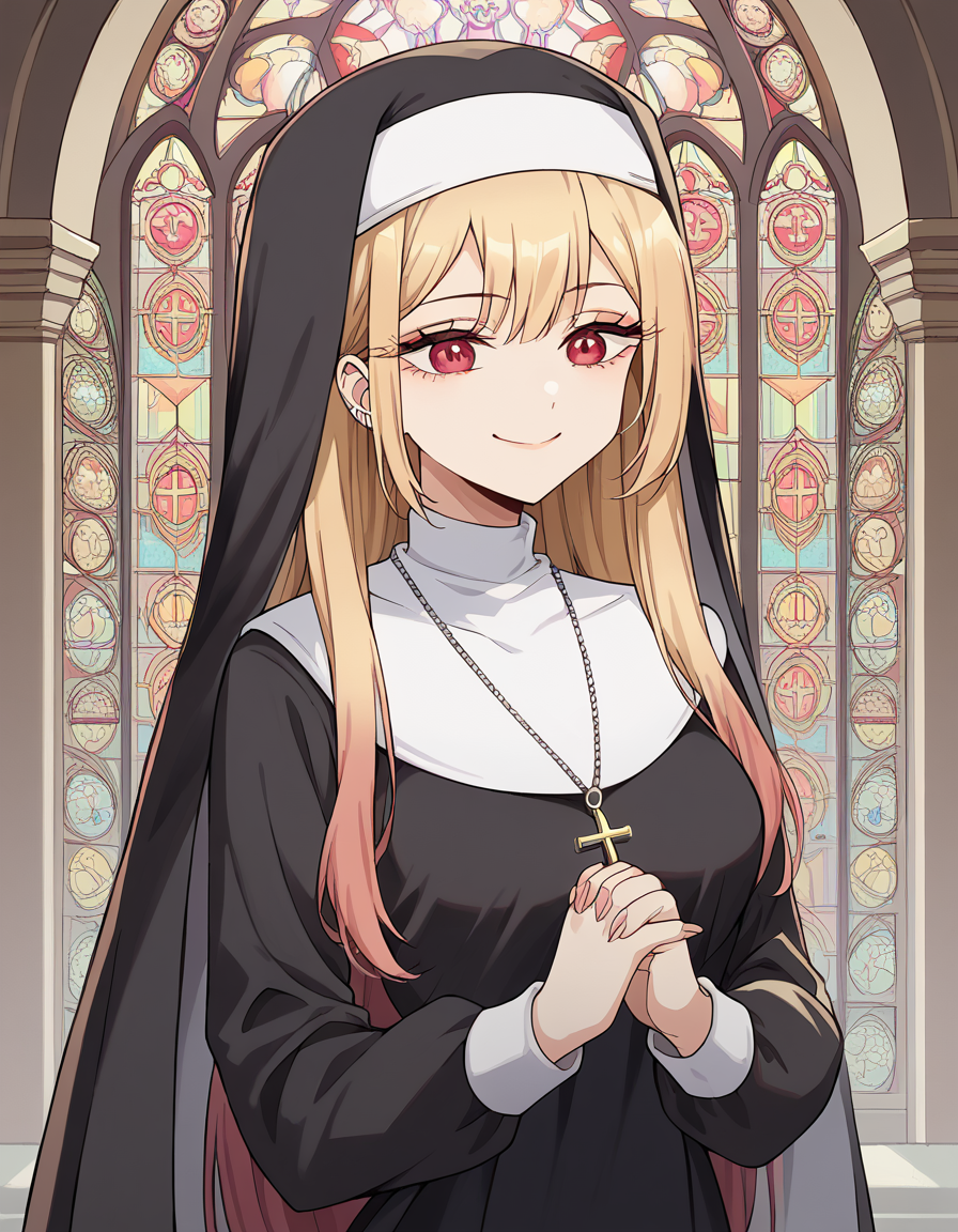 score_9, score_8_up, score_7_up, source_anime, marinkitagawa, <lora:marin-kitagawa-ponyxl-lora-nochekaiser:1>, marin kitagawa, long hair, bangs, blonde hair, red eyes, multicolored hair, medium breasts,, <lora:traditional-nun-ponyxl-lora-nochekaiser:1>, traditional nun, nun, habit, long sleeves, dress, black dress, jewelry, black veil, cross, cross necklace,, church, smug, praying,, cowboy shot