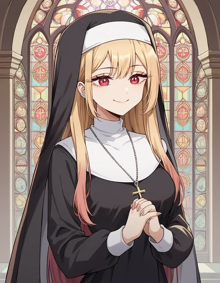 score_9, score_8_up, score_7_up, source_anime, marinkitagawa, <lora:marin-kitagawa-ponyxl-lora-nochekaiser:1>, marin kitagawa, long hair, bangs, blonde hair, red eyes, multicolored hair, medium breasts,, <lora:traditional-nun-ponyxl-lora-nochekaiser:1>, traditional nun, nun, habit, long sleeves, dress, black dress, jewelry, black veil, cross, cross necklace,, church, smug, praying,, cowboy shot