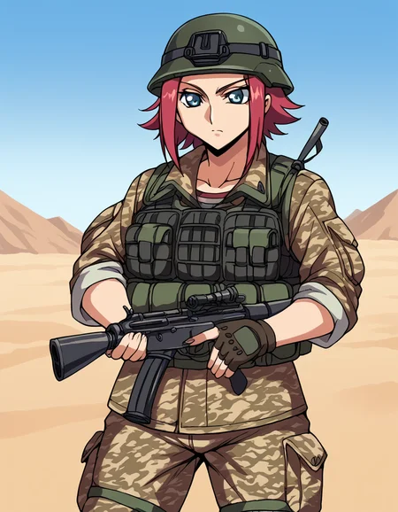 score_9, score_8_up, score_7_up, source_anime, <lora:kallen-stadtfeld-s1-ponyxl-lora-nochekaiser:1>, kallen stadtfeld, blue eyes, red hair, short hair, large breasts,, <lora:military-combat-uniform-ponyxl-lora-nochekaiser:1> military combat uniform, camouflage jacket, camouflage, load bearing best, camouflage pants, soldier, bulletproof vest, combat helmet, assault rifle, rifle,, desert, sun, blue sky,, cowboy shot,