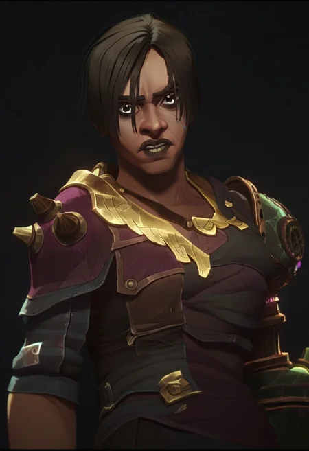 score_9, score_8_up, score_7_up, score_6_up,
s3v1k4, Sevikachembarons ,Sevika /(league of legends arcane/), solo, looking at viewer, short hair, bangs, brown hair, black hair, gloves, 1boy, jacket, upper body, male focus, parted lips, teeth, black gloves, fingerless gloves, armor, black eyes, parted bangs, facial hair, black background, shoulder armor ,/(league of legends arcane/),