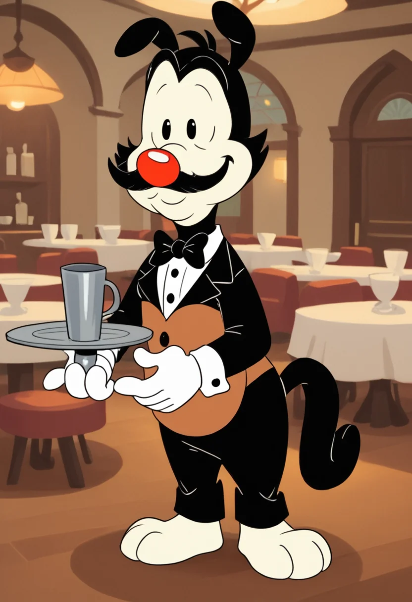 score_9, score_8_up, score_8,   <lora:Yakko_Warner_Animaniacs_for_PonyXL:0.8> 1boy, animal ears, y4kk0, white gloves, waiter, resturant, mustache, tailcoat,  butler, solo,