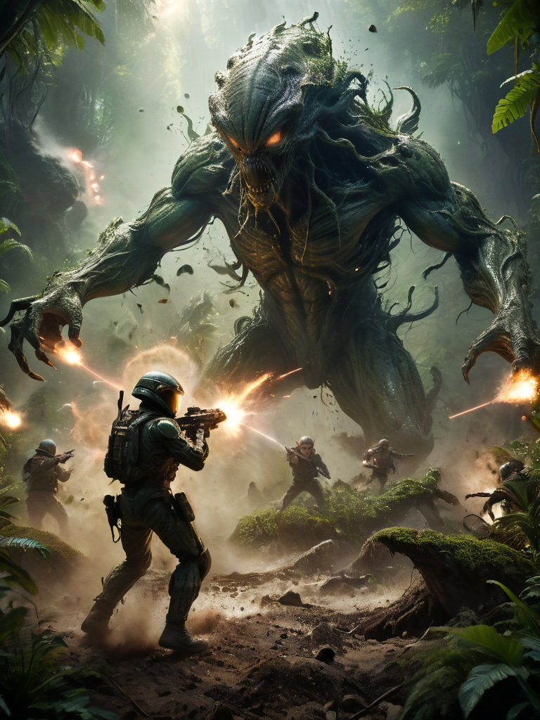 very dark focused war photo, amazing quality, masterpiece, best quality, hyper detailed, ultra detailed, UHD, perfect anatomy, portrait, dof, hyper-realism, majestic, awesome, inspiring,
Capture the thrilling showdown between the humongous alien colonist and his laser weapons
 and the earth space marine
 in an epic battle amidst swirling gravel and explosions. Embrace the action and chaos as these formidable forces clash in the heart of the green jungle of this otherwolrdly planet. 
cinematic composition, soft shadows, national geographic style, ethereal, dreamy, mysterious, fantasy, highly detailed
 <lora:EnvyInkSwirlXL01:0.2> swirling ink <lora:alienxl:0.2> alien, monster, creature, science fiction <lora:xl_more_art-full_v1:0.85> <lora:zavy-cntrst-sdxl:0.1> dark, chiaroscuro, low-key