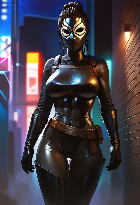 score_9, score_8_up, score_7_up, score_6_up, score_5_up, 1girl, African, Africanmask,
modern mask,
BlackPanther, Shuri, Marvel, white eyes, no pupils, black leotard, high leg leotard, black gloves, black boots, thigh high boots, mask, black mask, covered face, no mouth, large breasts, perky breasts,
BP_shuri, dreadlocks, bun,
in urban environment, black bodysuit, at night,