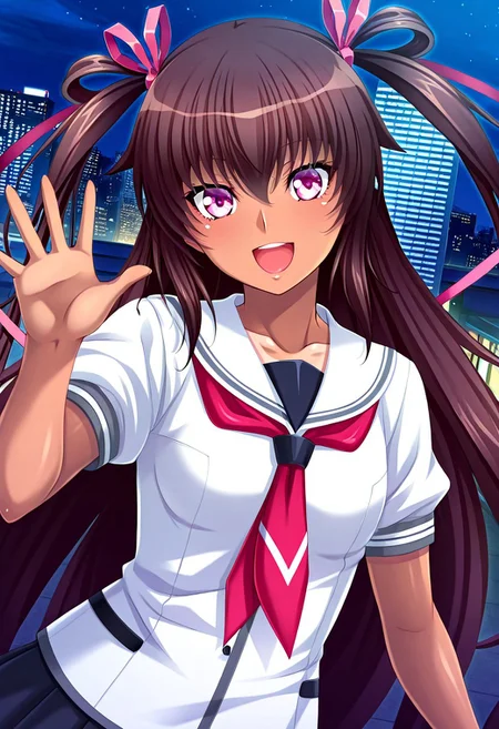 general,highres, ultra-detailed,very aesthetic,best quality ,best hands,best eyes,easynegative,
dynamic angle, dutch angle, anime cloring,anime screencap,
1girl solo,looking at viewer,city,night, smile, open mouth, waving hand, 
 Yukikaze Mizuki,tanned skined female, brown_hair, very_long_hair, very_long_twintails,hair ribbon, pink ribbon, small breasts, purple_eyes, short body,serafuku,