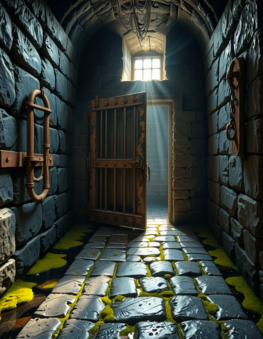 A highly detailed, hyper-realistic photograph of a dark medieval dungeon prison cell. The scene is dimly lit by a single flickering torch mounted on a damp stone wall, casting eerie shadows across the rough, moss-covered stones. Heavy, rusted iron bars form the cell door, slightly ajar, with visible corrosion and ancient padlocks. Inside the cell, there is a straw-covered floor, old wooden buckets, and a crude, splintered wooden bench against the back wall. Chains and manacles hang loosely from the walls, showing signs of long-term use. The atmosphere is cold, humid, and oppressive, with faint light rays piercing through tiny cracks in the stone ceiling. Cobwebs stretch across the corners of the cell, and faint water drips from above, creating small puddles. The overall mood is grim, desolate, and foreboding. Photorealistic style, with high dynamic range (HDR) lighting and extreme attention to textures like rust, moisture, and decay.
<lora:SDXLFaeTastic2400:0.4> <lora:extremely_detailed:0.4> extremely detailed,<lora:medieval_dungeon_pr1s0n_c3ll:1>,medieval dungeon pr1s0n c3ll, Masterpiece,best quality,hi res,8k,hi res,8k,award winning,(sharp focus, intricate, highly detailed),