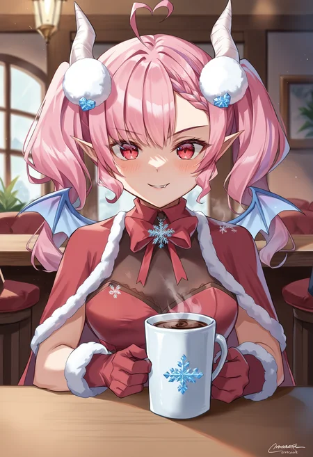 score_9, score_8_up, score_7_up, source_anime, 1girl, indoors, <lora:Ironmouse_XLPD:1>, IronmouseWinter, red eyes, demon horns, demon girl, demon tail, demon wings, pointy ears, heart ahoge, braid, bangs, twintails, long hair, blue fire, red dress, pantyhose, red bow, cape, snowflake print, red gloves, fur-trimmed boots, fur-trimmed dress, pov across table, upper body, cafe, coffee mug, steam, food, seductive smile, drinking,