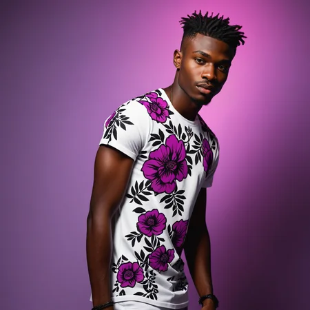 Raw photo, high saturation, full body shot of a juicy Nigerian twunk, dynamic guy next door pose, (black skin), model, boy next door, floral patterned white skinny t-shirt, cheeky, very short undercut hair, stubble, high fashion, (silhouette), (shadows), skin imperfections,
BREAK
photography studio background, purple neon stage lighting