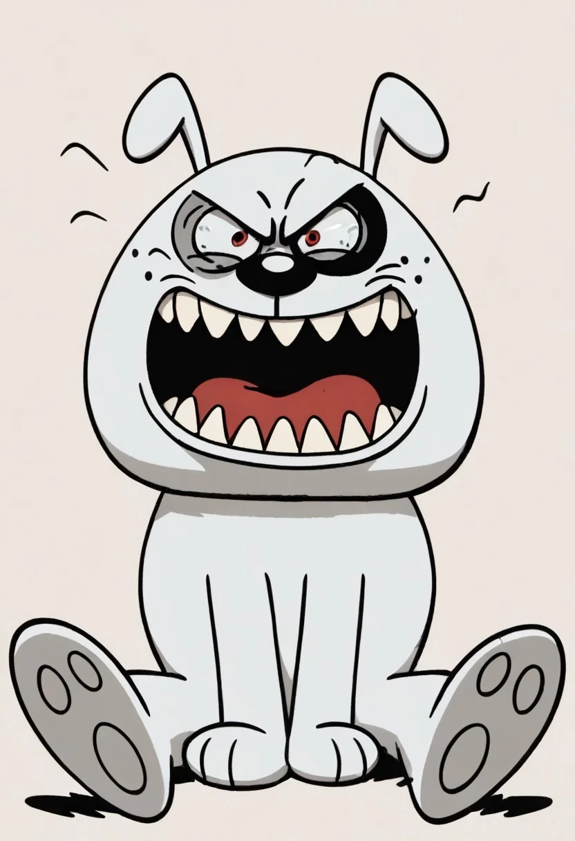 (score_9 | score_8_up | score_7_up) ((masterpiece:1))(best quality,very high quality,ultra detailed:1.2) (2D,cartoon style,anime style)(Smooth:2)(clean blurring) (four fingers on each hand,one thumb on each hand:1), solo, charles, dog, black spot on left eye, white, paw, dog paws, runaway brain, monstrous look, angry face, exagerated features, intense eyes, aggressie expression, hunched, menacing, sharp teeth, hunched over, full body