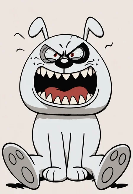 (score_9 | score_8_up | score_7_up) ((masterpiece:1))(best quality,very high quality,ultra detailed:1.2) (2D,cartoon style,anime style)(Smooth:2)(clean blurring) (four fingers on each hand,one thumb on each hand:1), solo, charles, dog, black spot on left eye, white, paw, dog paws, runaway brain, monstrous look, angry face, exagerated features, intense eyes, aggressie expression, hunched, menacing, sharp teeth, hunched over, full body
