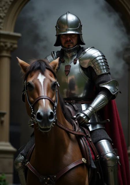 Historical Full Plate Armor, This photograph features a man dressed in elaborate, shiny silver armor, riding an armored horse inside the front area of a historical ancient castle in medieval times. The armor is medieval in style, complete with a helmet, shoulder guards, breastplate, gauntlets, and greaves, all reflecting the light, giving it a metallic sheen. The armor is adorned with intricate details, including a chainmail skirt and a red cloak draped over the shoulders and back, helmet visor closed, dramatic epic scene, mist and smoke, cinematic, dramatic lighting. dramatic epic scene, mist and smoke, cinematic, dramatic lighting, dramatic epic scene, mist and smoke, cinematic, dramatic lighting
<lora:Historical_Full_Plate_Armor-000007:0.8> <lora:FluxDFaeTasticDetails:0.6> <lora:detailed photorealism style v3:0.6>