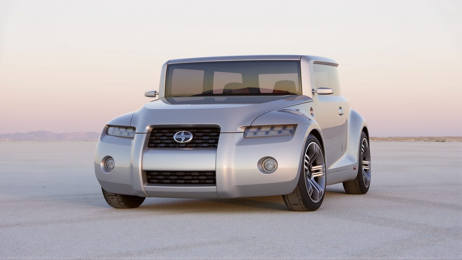 The Scion Hako Coupe Concept resting on a shimmering salt flat in the middle of a vast desert. The carâs livery is a radiant silver with a translucent mirage-like effect along its edges. The close-up shot captures the grille and headlights, with heatwaves rising from the salt flats distorting the carâs reflection. The vast, empty horizon creates a sense of surreal elegance
 <lora:ral-hkcpcncpt_000004000:1>