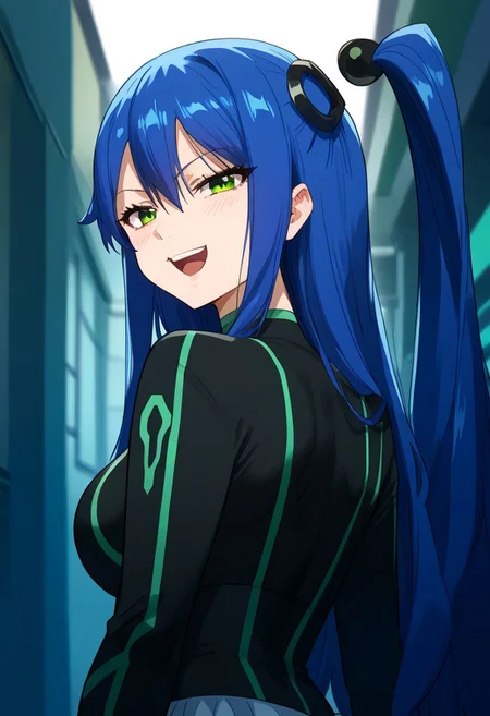 zPDXL3, score_9_up, score_8_up, score_7_up, (Anime_source), 1girl, LabiliaChristy, green eyes, blue hair, long hair, side ponytail, floating ponytail, Christy bodysuit, looking back, cowboy shot, looking at viewer, smile, little blush, upper body, open mouth